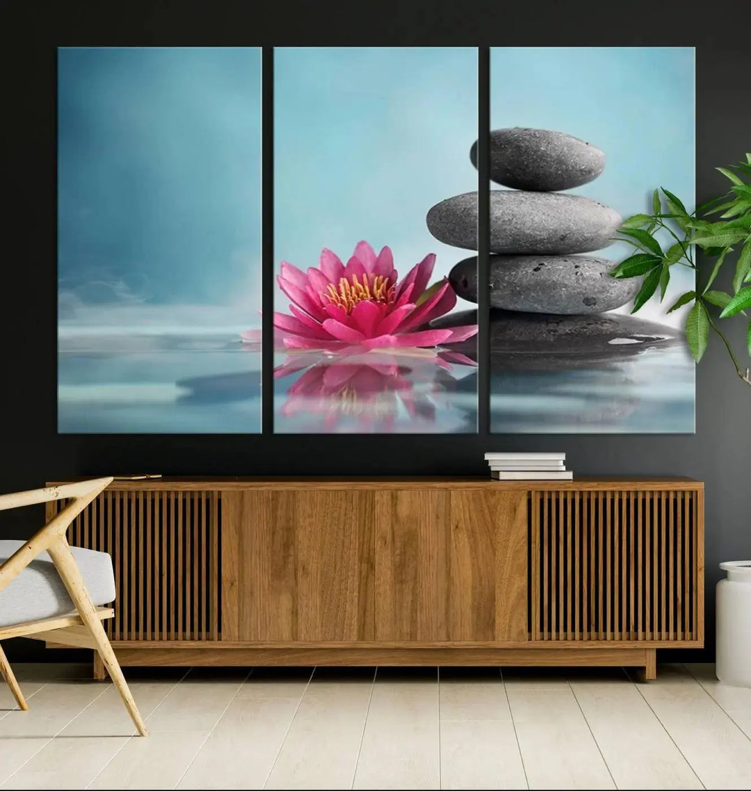 The Zen Serenity Triptych Canvas Art, featuring a lotus flower and balancing stones, perfectly captures tranquility with its serene water lily print.