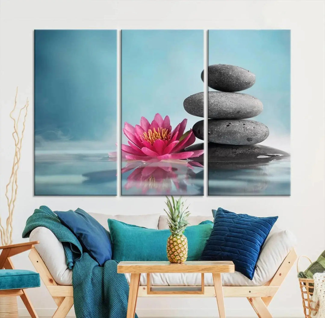 The Zen Serenity Triptych Canvas Art, featuring a lotus flower and balancing stones, perfectly captures tranquility with its serene water lily print.