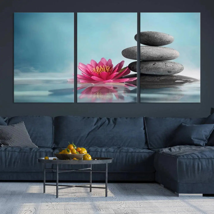 The Zen Serenity Triptych Canvas Art, featuring a lotus flower and balancing stones, perfectly captures tranquility with its serene water lily print.