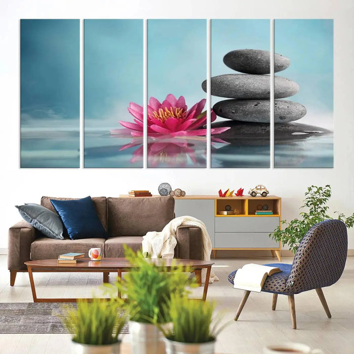 The Zen Serenity Triptych Canvas Art, featuring a lotus flower and balancing stones, perfectly captures tranquility with its serene water lily print.