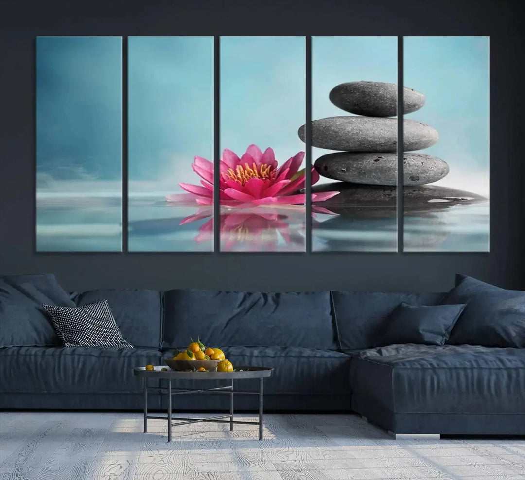 The Zen Serenity Triptych Canvas Art, featuring a lotus flower and balancing stones, perfectly captures tranquility with its serene water lily print.