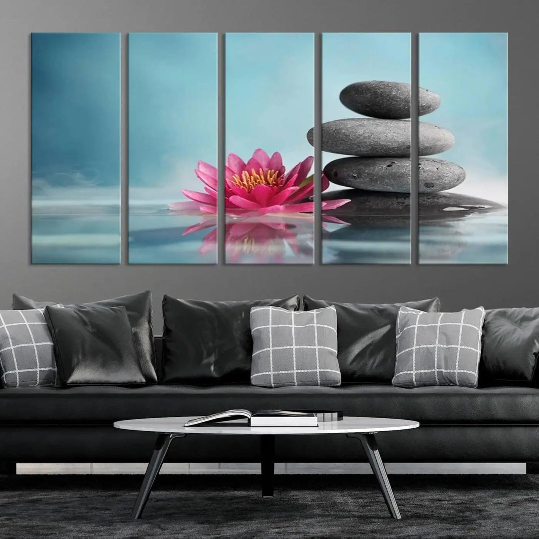 The Zen Serenity Triptych Canvas Art, featuring a lotus flower and balancing stones, perfectly captures tranquility with its serene water lily print.