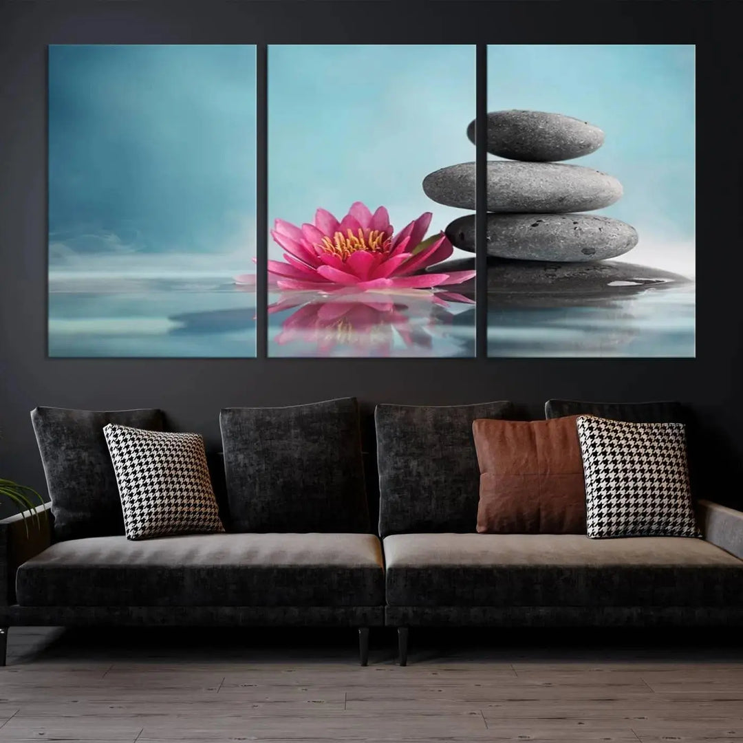 The Zen Serenity Triptych Canvas Art, featuring a lotus flower and balancing stones, perfectly captures tranquility with its serene water lily print.