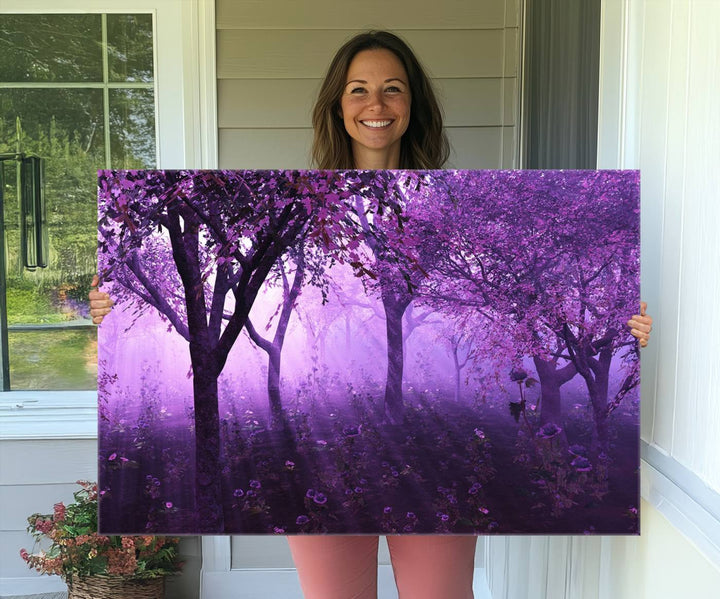 The museum-quality canvas A Misty Morning Among Flowering Trees hangs prominently on the wall.