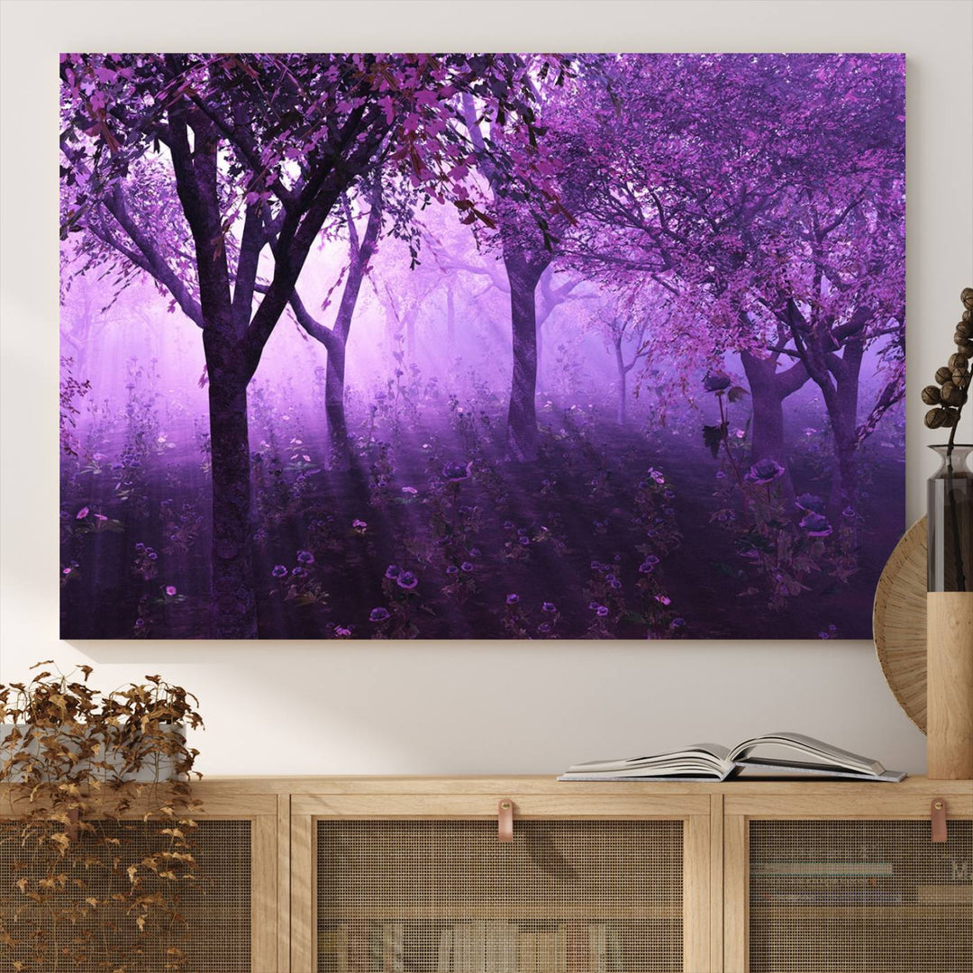 The museum-quality canvas A Misty Morning Among Flowering Trees hangs prominently on the wall.