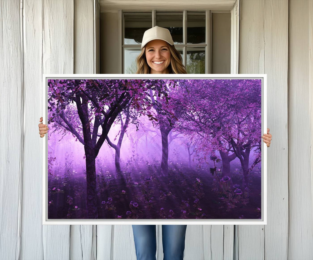 The museum-quality canvas A Misty Morning Among Flowering Trees hangs prominently on the wall.