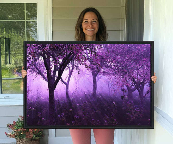 The museum-quality canvas A Misty Morning Among Flowering Trees hangs prominently on the wall.