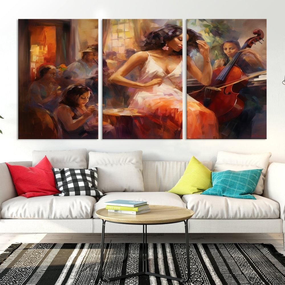 This Abstract African American Jazz Musician Wall Art Canvas Print features a triptych of musicians and a woman in a white dress, depicted with warm colors and abstract, impressionistic brushstrokes on gallery-wrapped, museum-quality canvases.