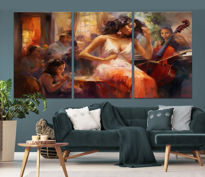 This Abstract African American Jazz Musician Wall Art Canvas Print features a triptych of musicians and a woman in a white dress, depicted with warm colors and abstract, impressionistic brushstrokes on gallery-wrapped, museum-quality canvases.