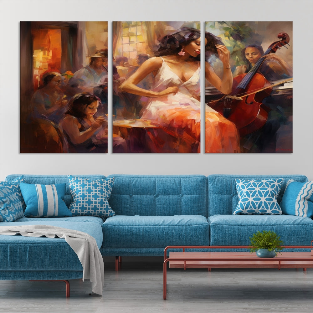 This Abstract African American Jazz Musician Wall Art Canvas Print features a triptych of musicians and a woman in a white dress, depicted with warm colors and abstract, impressionistic brushstrokes on gallery-wrapped, museum-quality canvases.