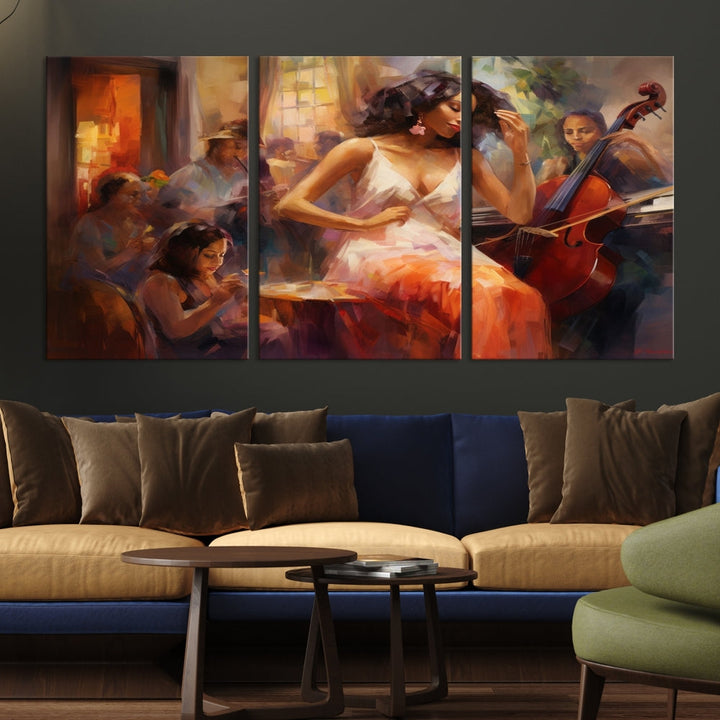 This Abstract African American Jazz Musician Wall Art Canvas Print features a triptych of musicians and a woman in a white dress, depicted with warm colors and abstract, impressionistic brushstrokes on gallery-wrapped, museum-quality canvases.