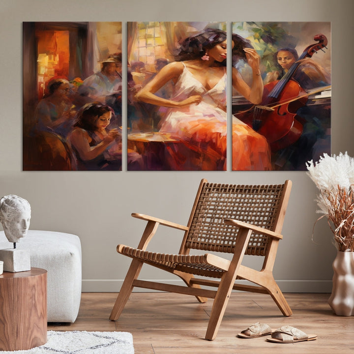 This Abstract African American Jazz Musician Wall Art Canvas Print features a triptych of musicians and a woman in a white dress, depicted with warm colors and abstract, impressionistic brushstrokes on gallery-wrapped, museum-quality canvases.