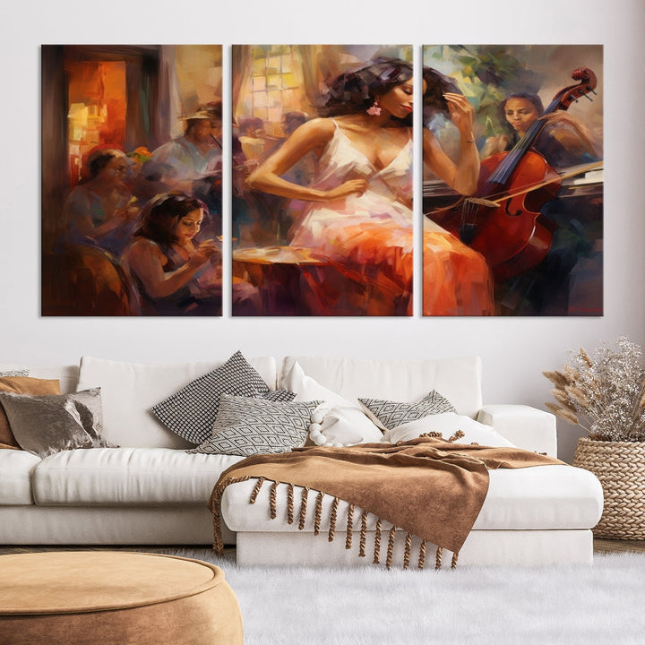 This Abstract African American Jazz Musician Wall Art Canvas Print features a triptych of musicians and a woman in a white dress, depicted with warm colors and abstract, impressionistic brushstrokes on gallery-wrapped, museum-quality canvases.