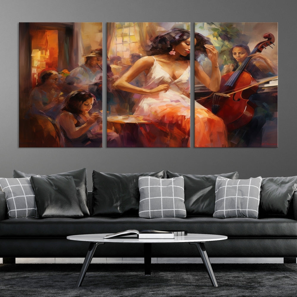 This Abstract African American Jazz Musician Wall Art Canvas Print features a triptych of musicians and a woman in a white dress, depicted with warm colors and abstract, impressionistic brushstrokes on gallery-wrapped, museum-quality canvases.