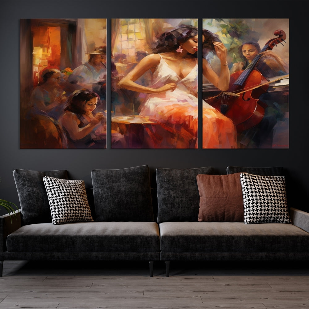 This Abstract African American Jazz Musician Wall Art Canvas Print features a triptych of musicians and a woman in a white dress, depicted with warm colors and abstract, impressionistic brushstrokes on gallery-wrapped, museum-quality canvases.