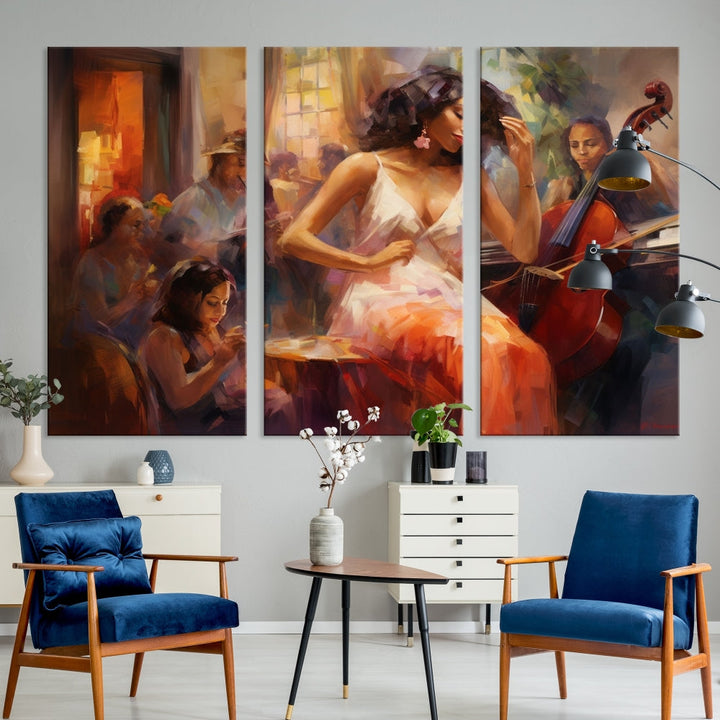 This Abstract African American Jazz Musician Wall Art Canvas Print features a triptych of musicians and a woman in a white dress, depicted with warm colors and abstract, impressionistic brushstrokes on gallery-wrapped, museum-quality canvases.