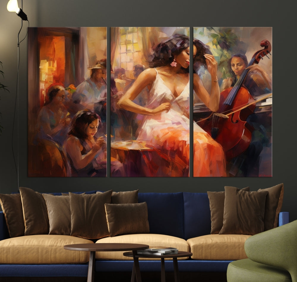 This Abstract African American Jazz Musician Wall Art Canvas Print features a triptych of musicians and a woman in a white dress, depicted with warm colors and abstract, impressionistic brushstrokes on gallery-wrapped, museum-quality canvases.