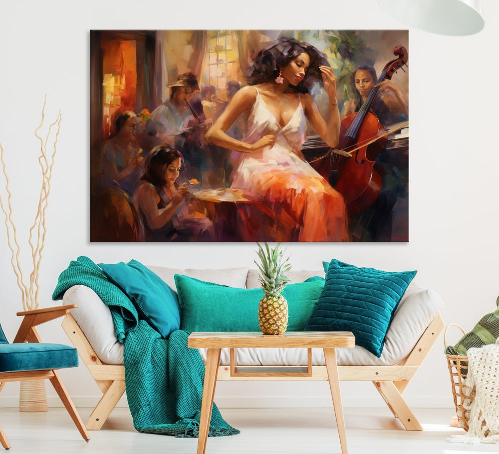 This Abstract African American Jazz Musician Wall Art Canvas Print features a triptych of musicians and a woman in a white dress, depicted with warm colors and abstract, impressionistic brushstrokes on gallery-wrapped, museum-quality canvases.