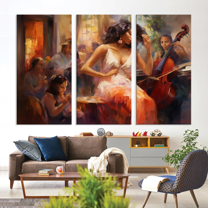 This Abstract African American Jazz Musician Wall Art Canvas Print features a triptych of musicians and a woman in a white dress, depicted with warm colors and abstract, impressionistic brushstrokes on gallery-wrapped, museum-quality canvases.