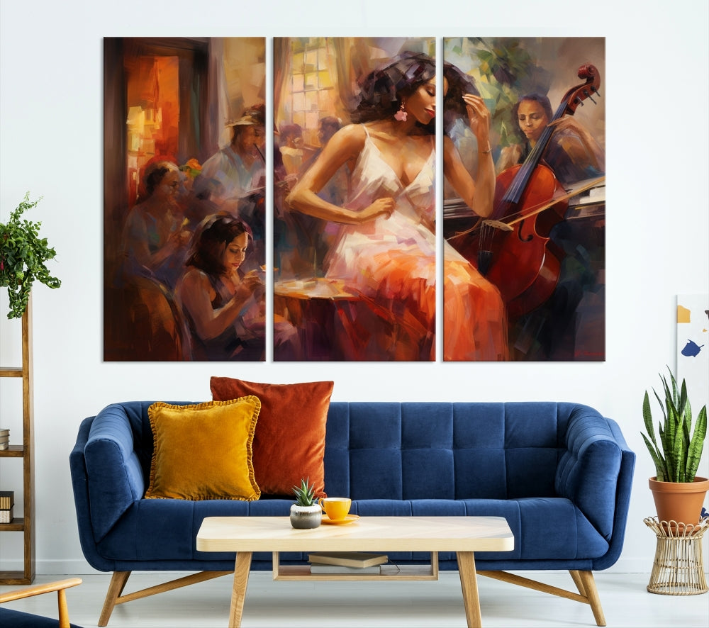 This Abstract African American Jazz Musician Wall Art Canvas Print features a triptych of musicians and a woman in a white dress, depicted with warm colors and abstract, impressionistic brushstrokes on gallery-wrapped, museum-quality canvases.