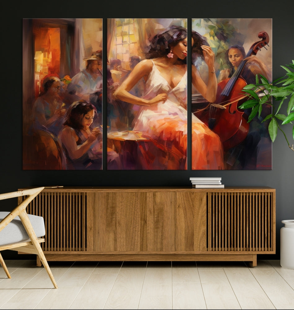 This Abstract African American Jazz Musician Wall Art Canvas Print features a triptych of musicians and a woman in a white dress, depicted with warm colors and abstract, impressionistic brushstrokes on gallery-wrapped, museum-quality canvases.