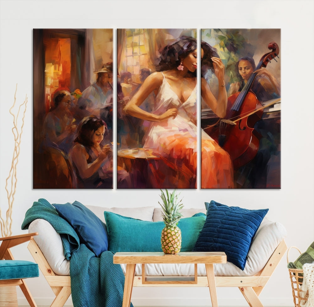 This Abstract African American Jazz Musician Wall Art Canvas Print features a triptych of musicians and a woman in a white dress, depicted with warm colors and abstract, impressionistic brushstrokes on gallery-wrapped, museum-quality canvases.