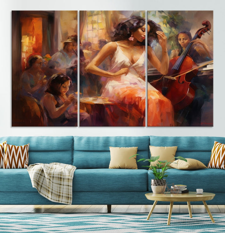 This Abstract African American Jazz Musician Wall Art Canvas Print features a triptych of musicians and a woman in a white dress, depicted with warm colors and abstract, impressionistic brushstrokes on gallery-wrapped, museum-quality canvases.