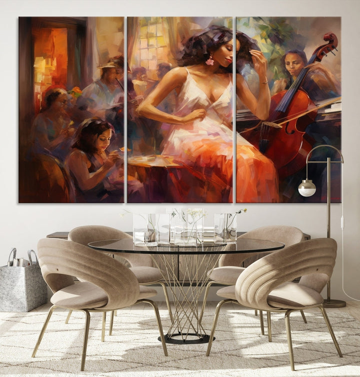 This Abstract African American Jazz Musician Wall Art Canvas Print features a triptych of musicians and a woman in a white dress, depicted with warm colors and abstract, impressionistic brushstrokes on gallery-wrapped, museum-quality canvases.