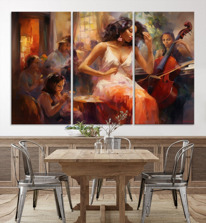 This Abstract African American Jazz Musician Wall Art Canvas Print features a triptych of musicians and a woman in a white dress, depicted with warm colors and abstract, impressionistic brushstrokes on gallery-wrapped, museum-quality canvases.