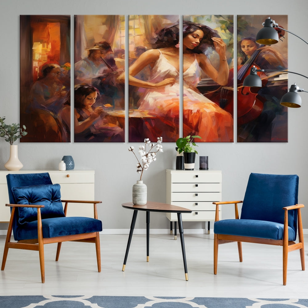 This Abstract African American Jazz Musician Wall Art Canvas Print features a triptych of musicians and a woman in a white dress, depicted with warm colors and abstract, impressionistic brushstrokes on gallery-wrapped, museum-quality canvases.