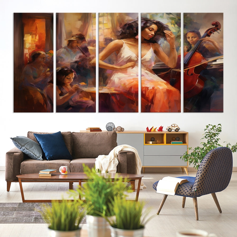 This Abstract African American Jazz Musician Wall Art Canvas Print features a triptych of musicians and a woman in a white dress, depicted with warm colors and abstract, impressionistic brushstrokes on gallery-wrapped, museum-quality canvases.