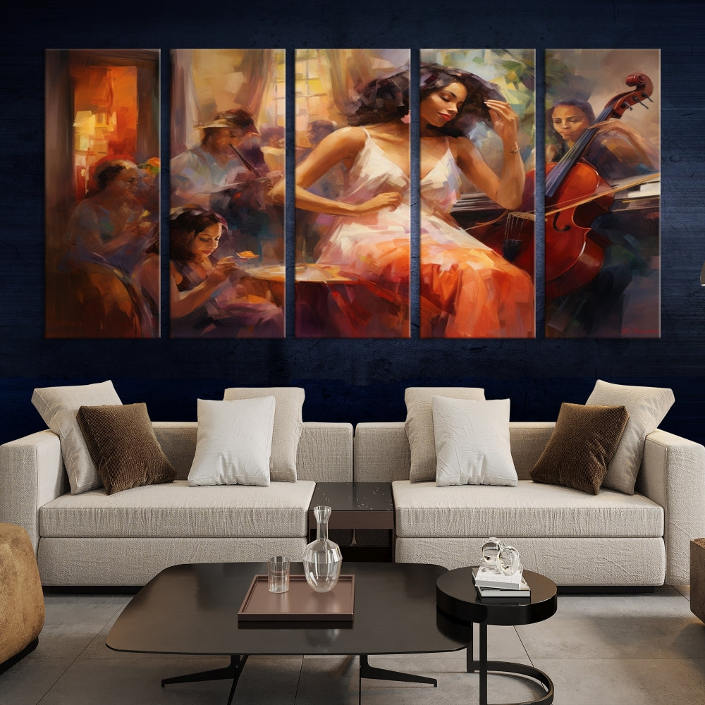 This Abstract African American Jazz Musician Wall Art Canvas Print features a triptych of musicians and a woman in a white dress, depicted with warm colors and abstract, impressionistic brushstrokes on gallery-wrapped, museum-quality canvases.