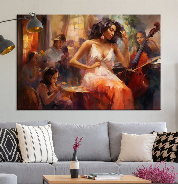 This Abstract African American Jazz Musician Wall Art Canvas Print features a triptych of musicians and a woman in a white dress, depicted with warm colors and abstract, impressionistic brushstrokes on gallery-wrapped, museum-quality canvases.