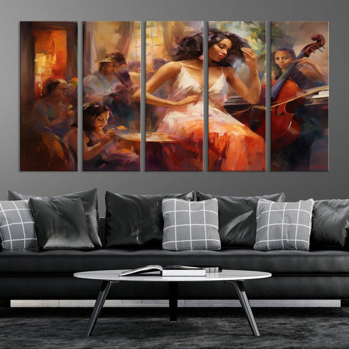 This Abstract African American Jazz Musician Wall Art Canvas Print features a triptych of musicians and a woman in a white dress, depicted with warm colors and abstract, impressionistic brushstrokes on gallery-wrapped, museum-quality canvases.