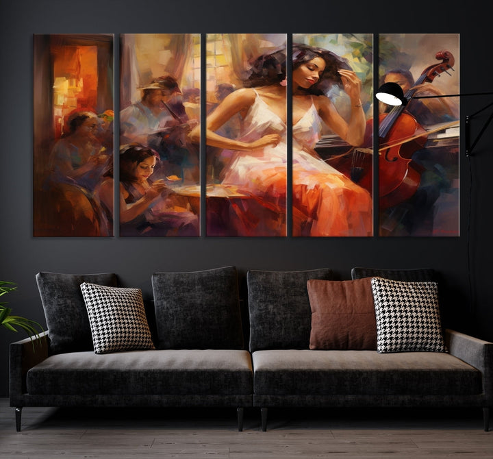 This Abstract African American Jazz Musician Wall Art Canvas Print features a triptych of musicians and a woman in a white dress, depicted with warm colors and abstract, impressionistic brushstrokes on gallery-wrapped, museum-quality canvases.