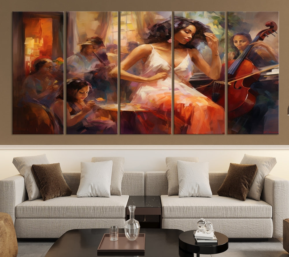 This Abstract African American Jazz Musician Wall Art Canvas Print features a triptych of musicians and a woman in a white dress, depicted with warm colors and abstract, impressionistic brushstrokes on gallery-wrapped, museum-quality canvases.