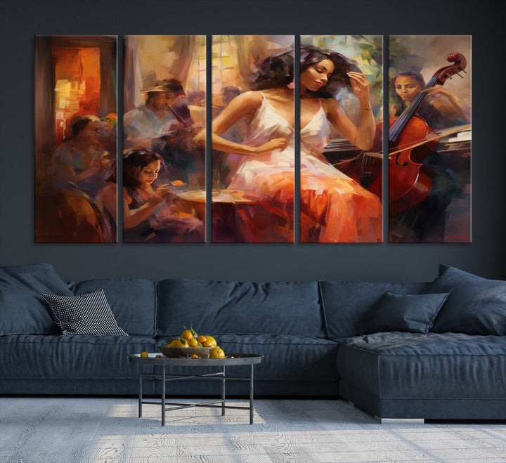 This Abstract African American Jazz Musician Wall Art Canvas Print features a triptych of musicians and a woman in a white dress, depicted with warm colors and abstract, impressionistic brushstrokes on gallery-wrapped, museum-quality canvases.