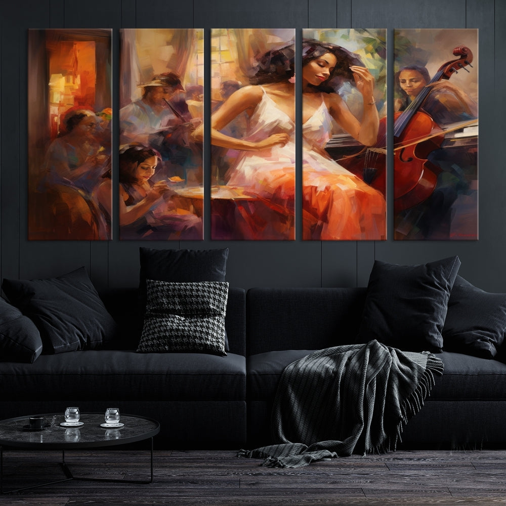 This Abstract African American Jazz Musician Wall Art Canvas Print features a triptych of musicians and a woman in a white dress, depicted with warm colors and abstract, impressionistic brushstrokes on gallery-wrapped, museum-quality canvases.