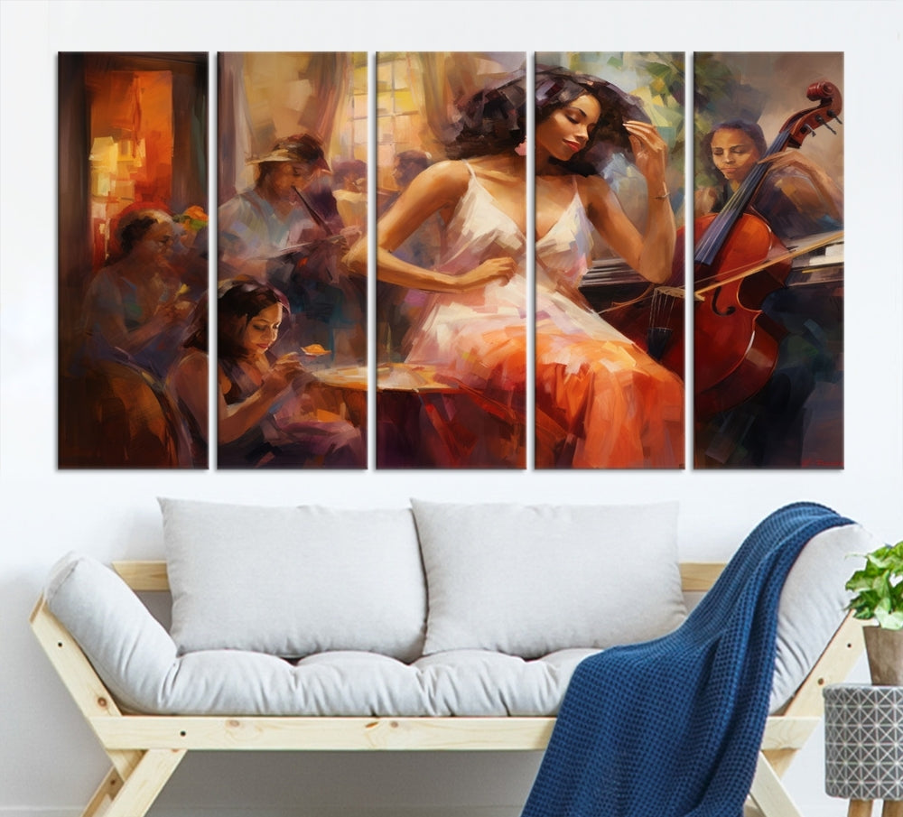 This Abstract African American Jazz Musician Wall Art Canvas Print features a triptych of musicians and a woman in a white dress, depicted with warm colors and abstract, impressionistic brushstrokes on gallery-wrapped, museum-quality canvases.