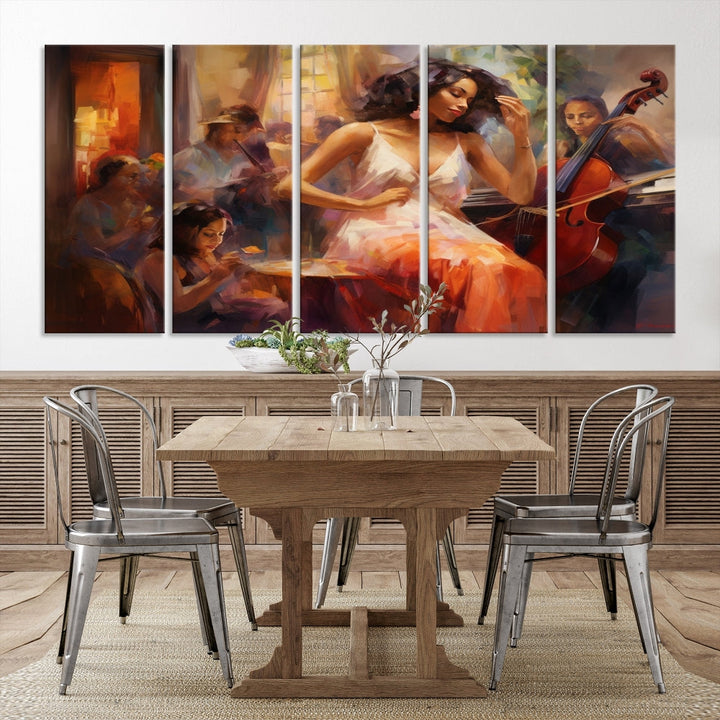 This Abstract African American Jazz Musician Wall Art Canvas Print features a triptych of musicians and a woman in a white dress, depicted with warm colors and abstract, impressionistic brushstrokes on gallery-wrapped, museum-quality canvases.