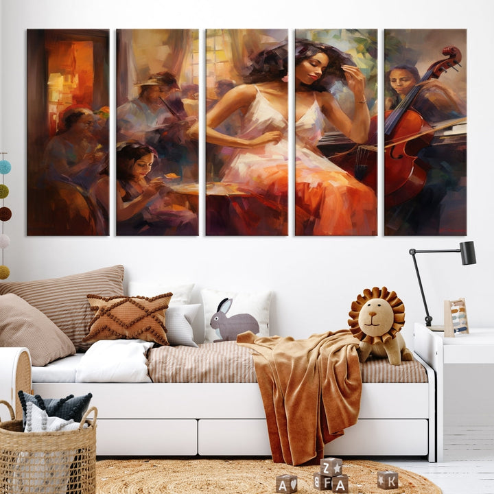 This Abstract African American Jazz Musician Wall Art Canvas Print features a triptych of musicians and a woman in a white dress, depicted with warm colors and abstract, impressionistic brushstrokes on gallery-wrapped, museum-quality canvases.