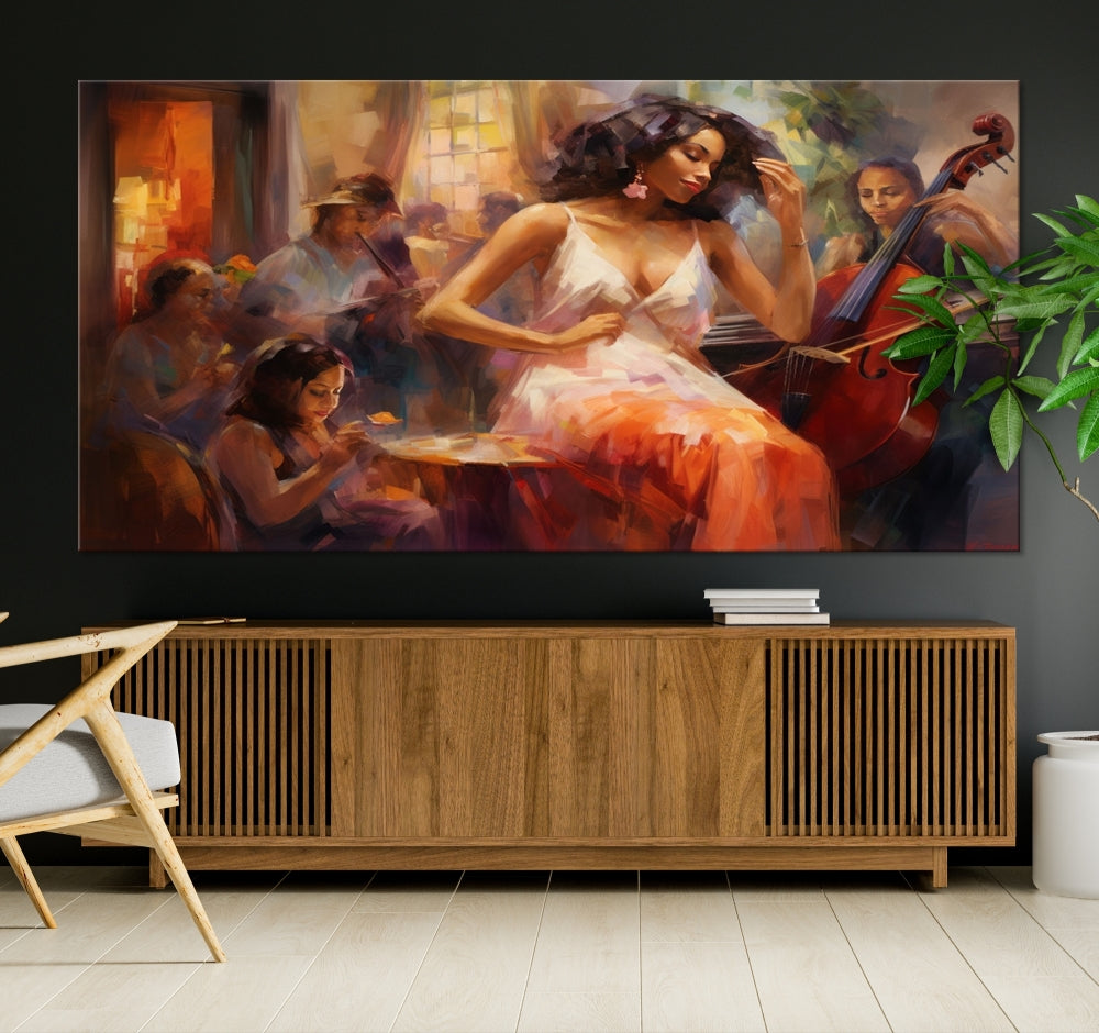 This Abstract African American Jazz Musician Wall Art Canvas Print features a triptych of musicians and a woman in a white dress, depicted with warm colors and abstract, impressionistic brushstrokes on gallery-wrapped, museum-quality canvases.