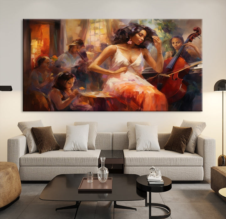 This Abstract African American Jazz Musician Wall Art Canvas Print features a triptych of musicians and a woman in a white dress, depicted with warm colors and abstract, impressionistic brushstrokes on gallery-wrapped, museum-quality canvases.