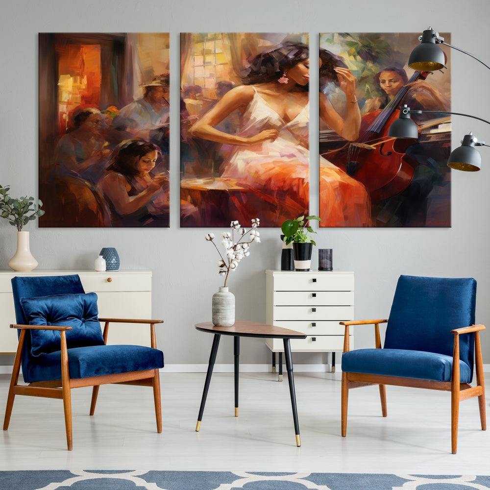 This Abstract African American Jazz Musician Wall Art Canvas Print features a triptych of musicians and a woman in a white dress, depicted with warm colors and abstract, impressionistic brushstrokes on gallery-wrapped, museum-quality canvases.