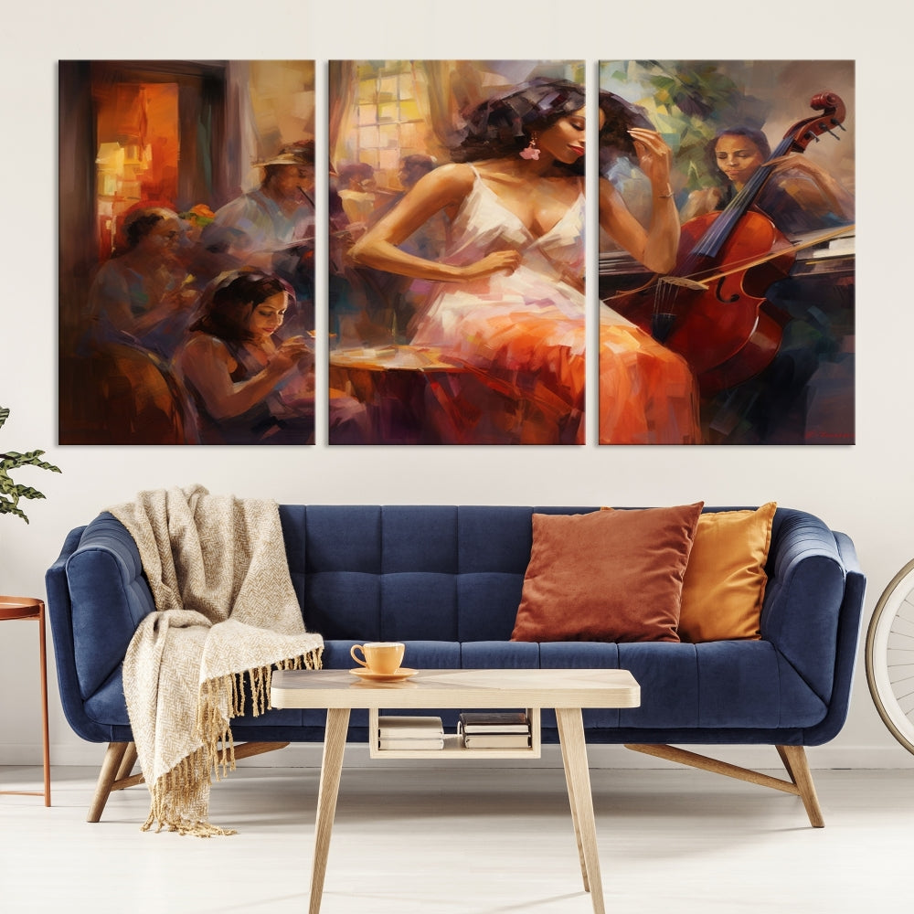 This Abstract African American Jazz Musician Wall Art Canvas Print features a triptych of musicians and a woman in a white dress, depicted with warm colors and abstract, impressionistic brushstrokes on gallery-wrapped, museum-quality canvases.