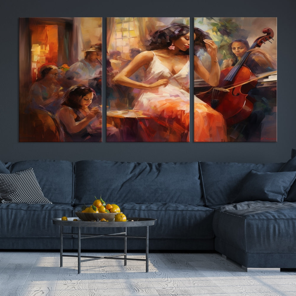 This Abstract African American Jazz Musician Wall Art Canvas Print features a triptych of musicians and a woman in a white dress, depicted with warm colors and abstract, impressionistic brushstrokes on gallery-wrapped, museum-quality canvases.