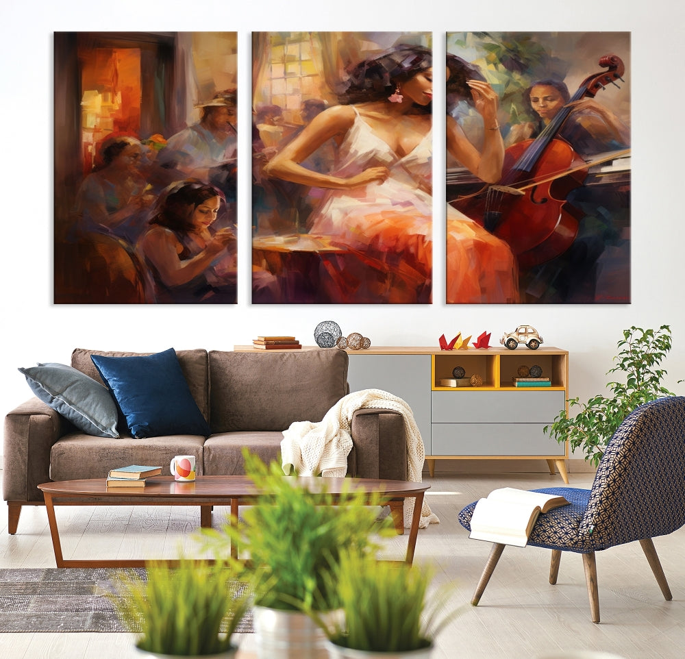 This Abstract African American Jazz Musician Wall Art Canvas Print features a triptych of musicians and a woman in a white dress, depicted with warm colors and abstract, impressionistic brushstrokes on gallery-wrapped, museum-quality canvases.