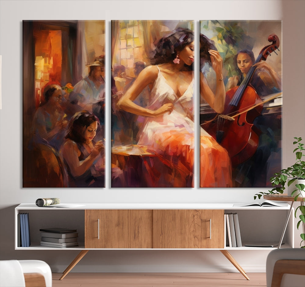 This Abstract African American Jazz Musician Wall Art Canvas Print features a triptych of musicians and a woman in a white dress, depicted with warm colors and abstract, impressionistic brushstrokes on gallery-wrapped, museum-quality canvases.