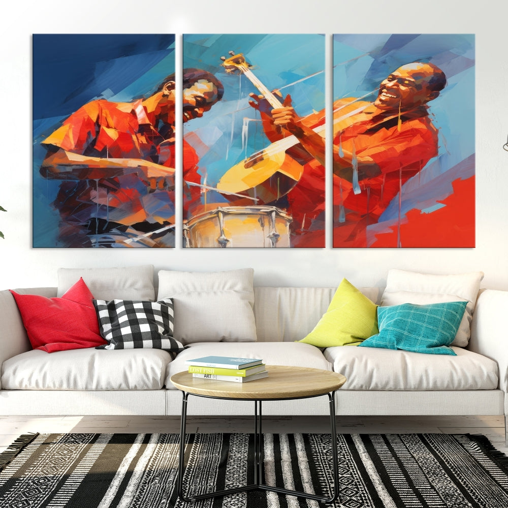 Three pieces of Abstract African American Jazz Wall Art, vibrant in color and rendered on museum-quality canvases, hang prominently. Each artwork is professionally hand-assembled for durability and features a UV-protective coating to preserve its vivid hues over time.