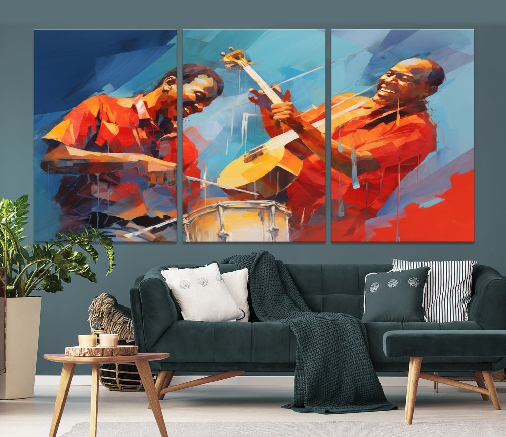 Three pieces of Abstract African American Jazz Wall Art, vibrant in color and rendered on museum-quality canvases, hang prominently. Each artwork is professionally hand-assembled for durability and features a UV-protective coating to preserve its vivid hues over time.